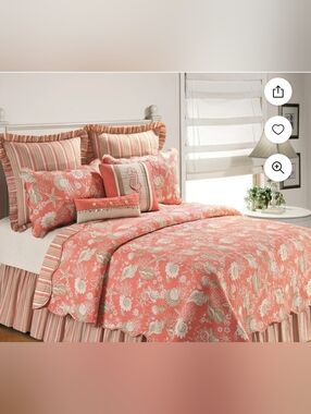 C&F Home Reversible Quilt Queen Coral Green Shells Stripes Scalloped Edge Beach